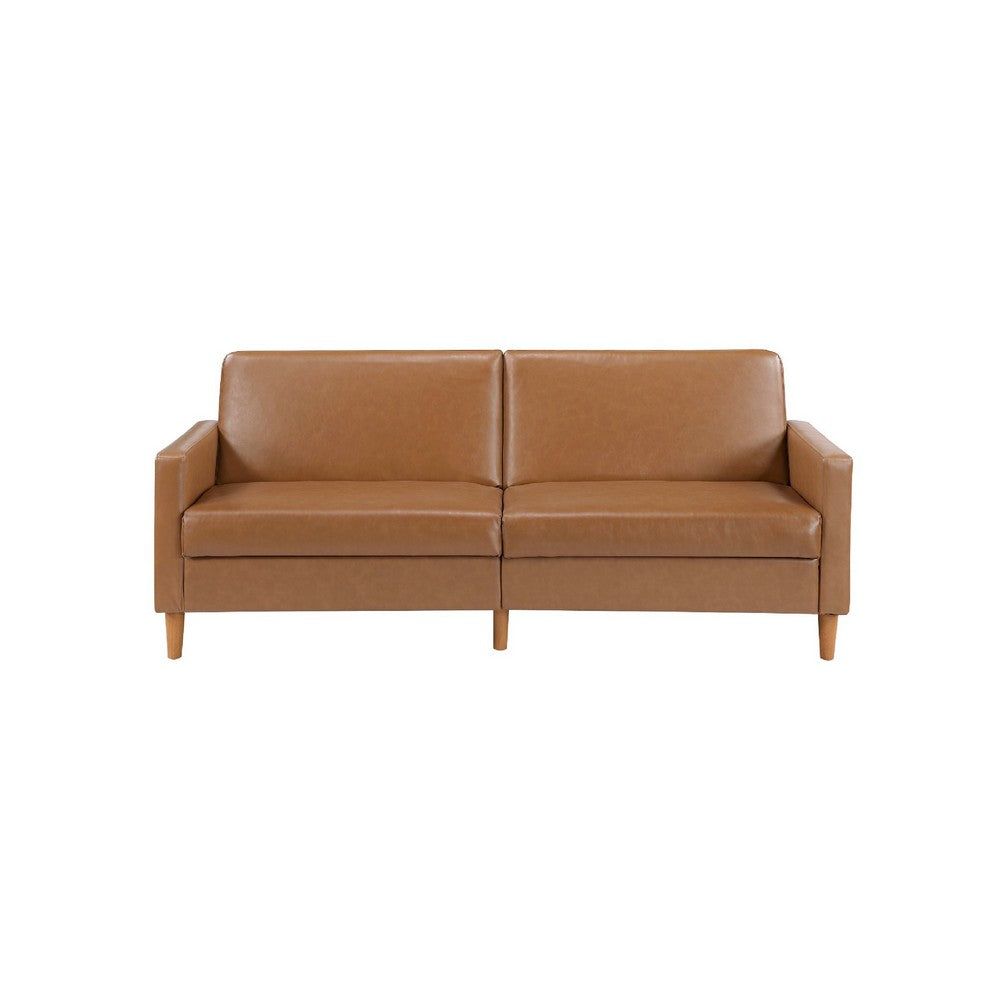 Benjara Mala Sleeper Sofa, Foam Padded, Camel Brown Faux Leather, Wood Frame