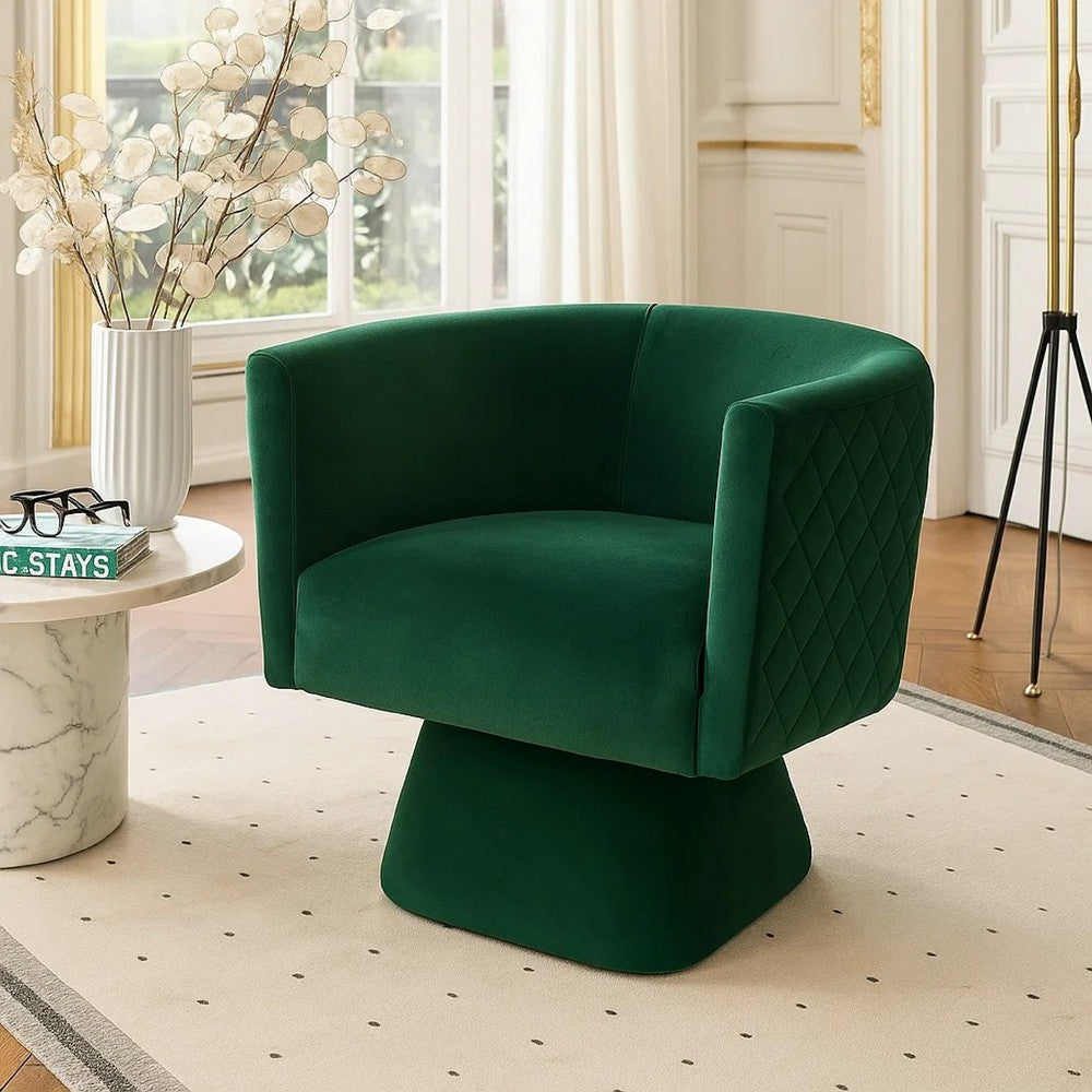 Benjara Cabe Swivel Accent Armchair, Diamond Stitch Back, Emerald Green Velvet