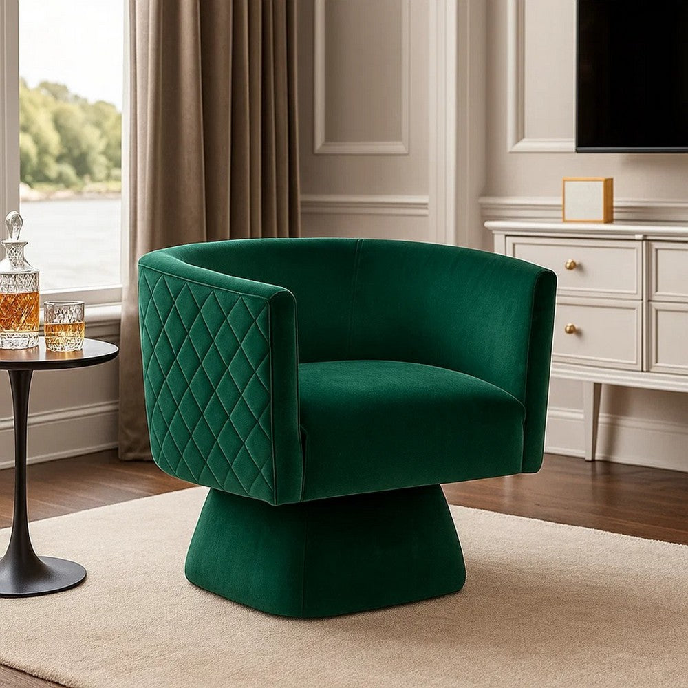 Benjara Cabe Swivel Accent Armchair, Diamond Stitch Back, Emerald Green Velvet