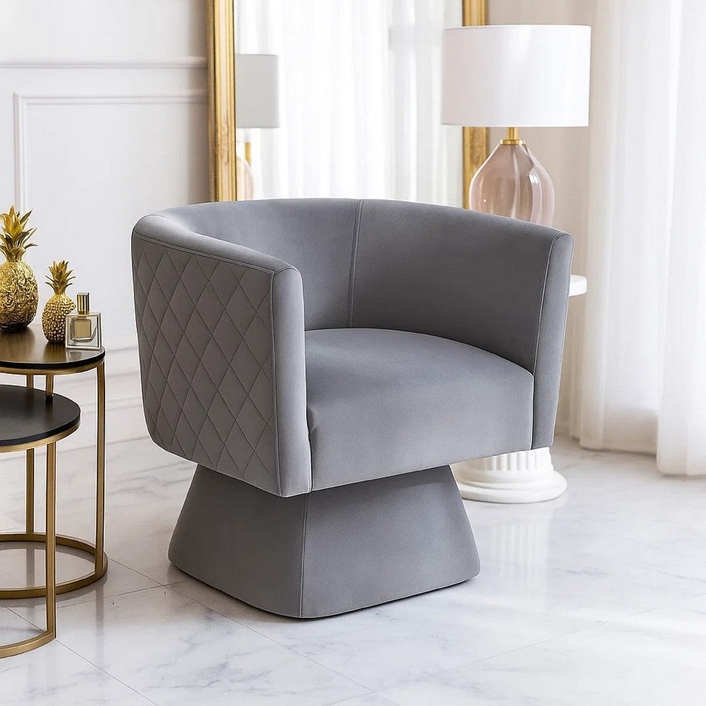 Benjara Cabe Swivel Accent Armchair, Diamond Stitch Back, Modern Gray Velvet