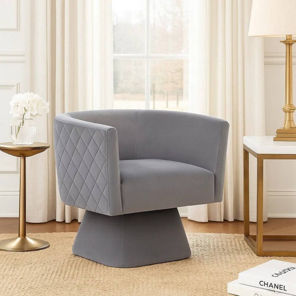 Benjara Cabe Swivel Accent Armchair, Diamond Stitch Back, Modern Gray Velvet