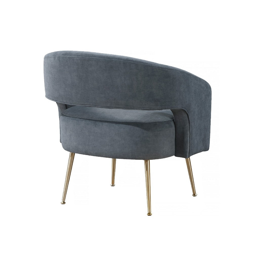 Benjara Noel Accent Chair, Curved Open Back, Dark Gray Velvet, Gold Metal Legs