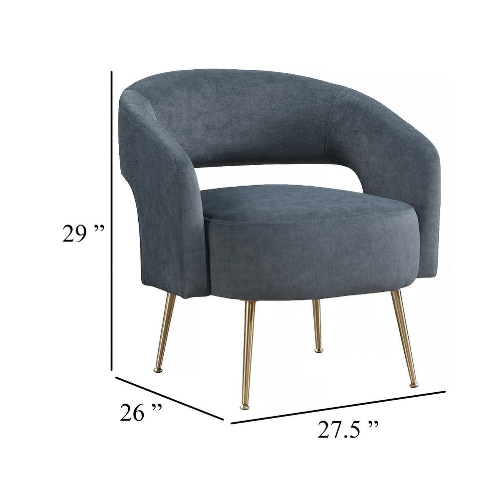 Benjara Noel Accent Chair, Curved Open Back, Dark Gray Velvet, Gold Metal Legs