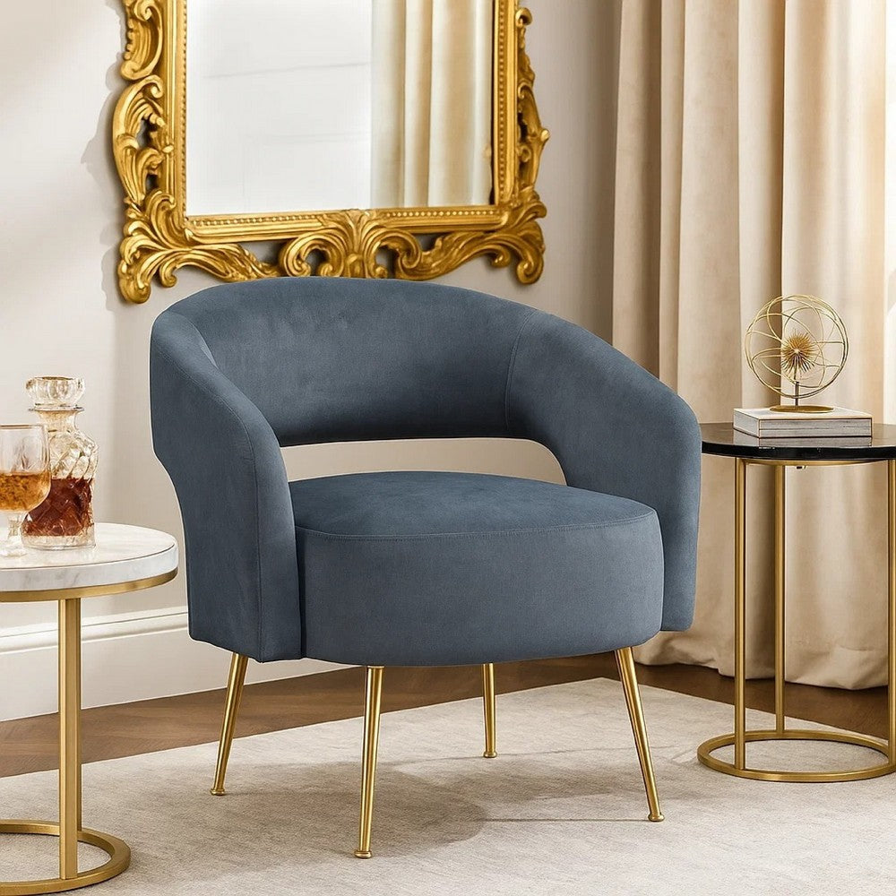 Benjara Noel Accent Chair, Curved Open Back, Dark Gray Velvet, Gold Metal Legs