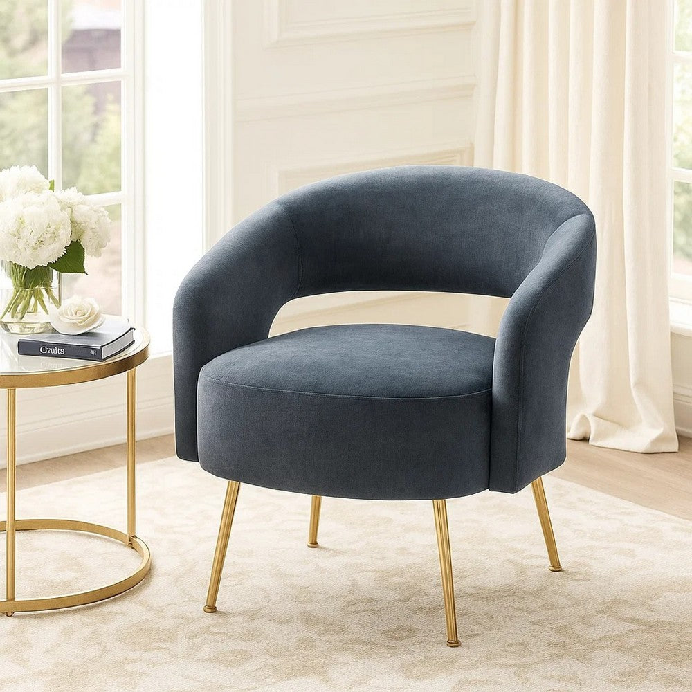 Benjara Noel Accent Chair, Curved Open Back, Dark Gray Velvet, Gold Metal Legs
