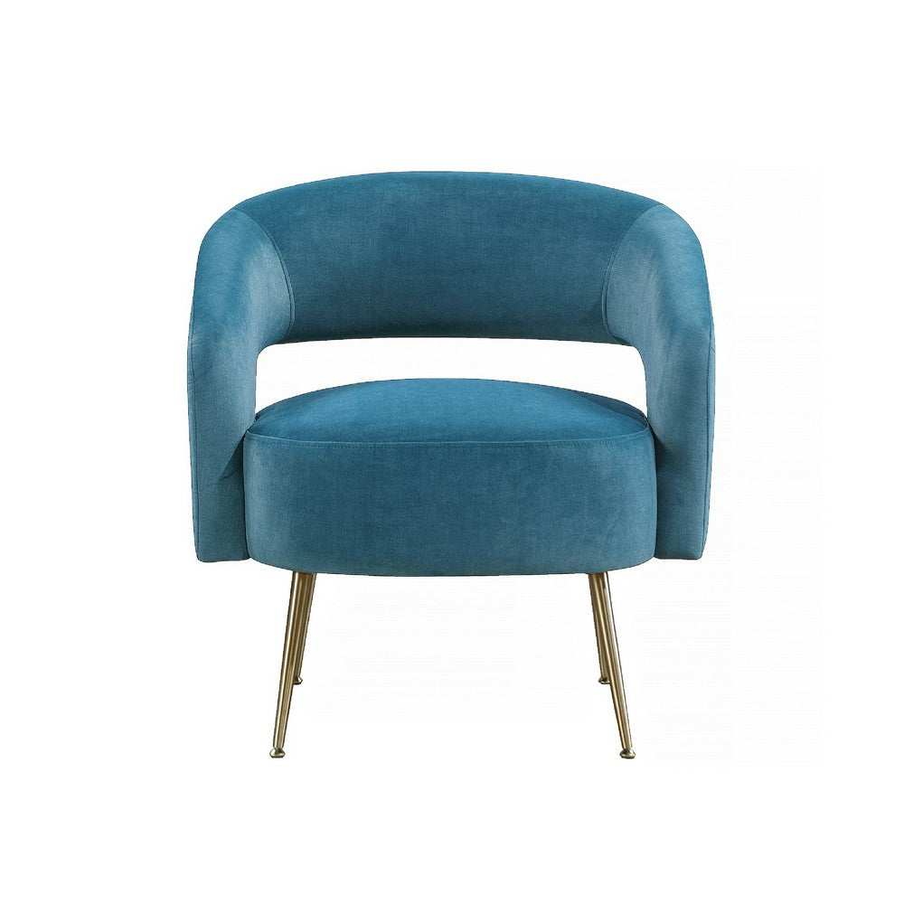 Benjara Noel Accent Chair, Curved Open Back, Teal Blue Velvet, Gold Metal Legs