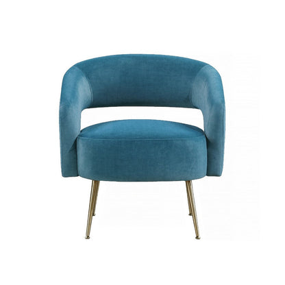 Benjara Noel Accent Chair, Curved Open Back, Teal Blue Velvet, Gold Metal Legs
