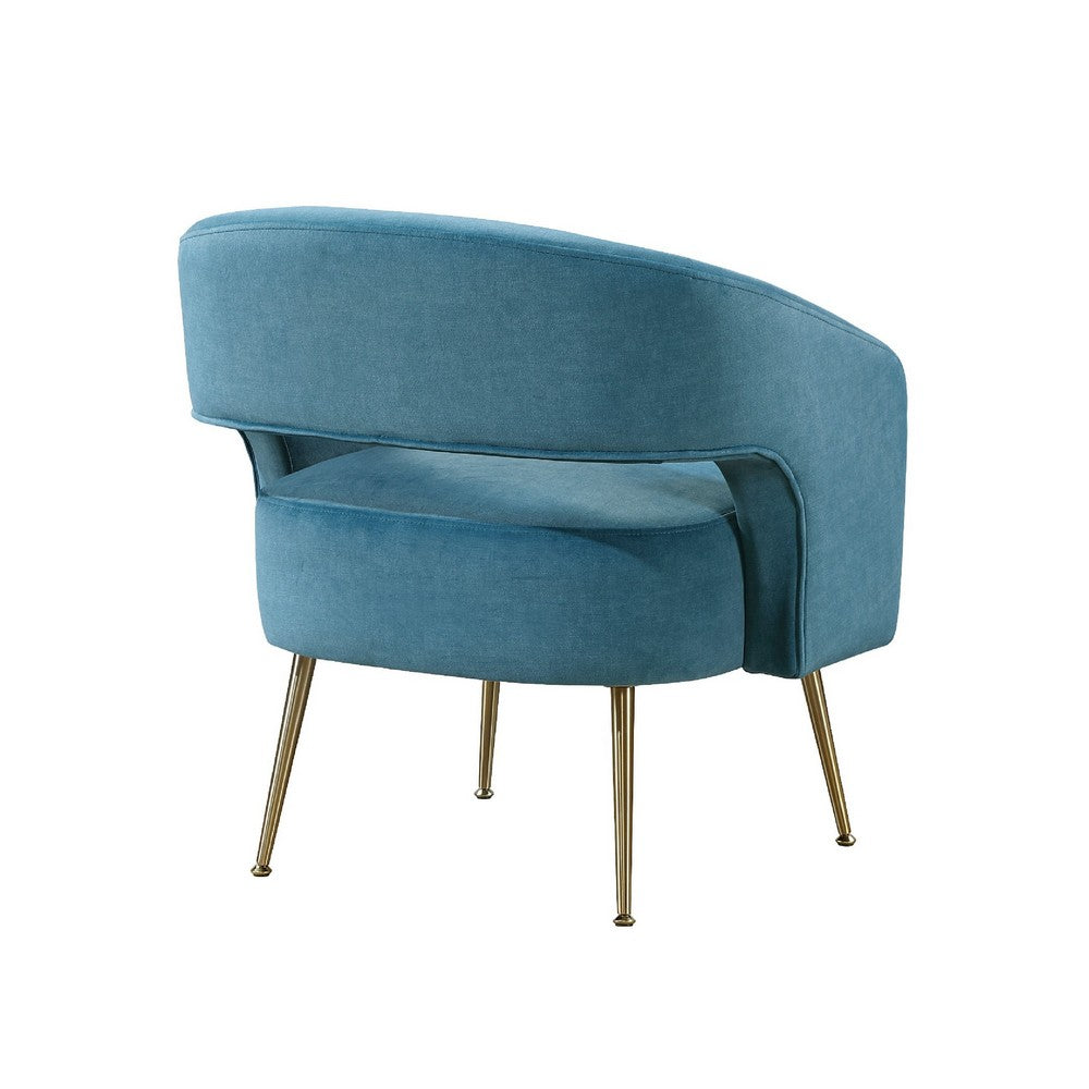 Benjara Noel Accent Chair, Curved Open Back, Teal Blue Velvet, Gold Metal Legs