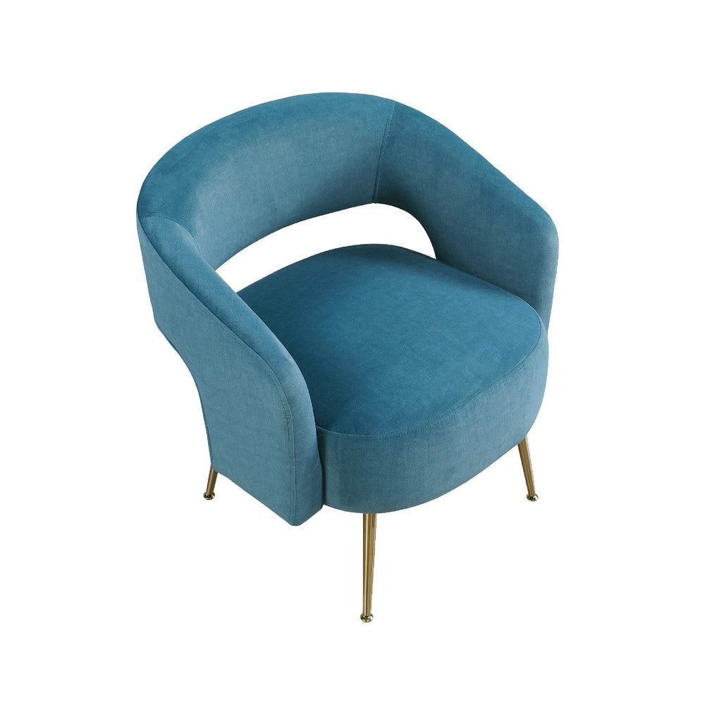 Benjara Noel Accent Chair, Curved Open Back, Teal Blue Velvet, Gold Metal Legs
