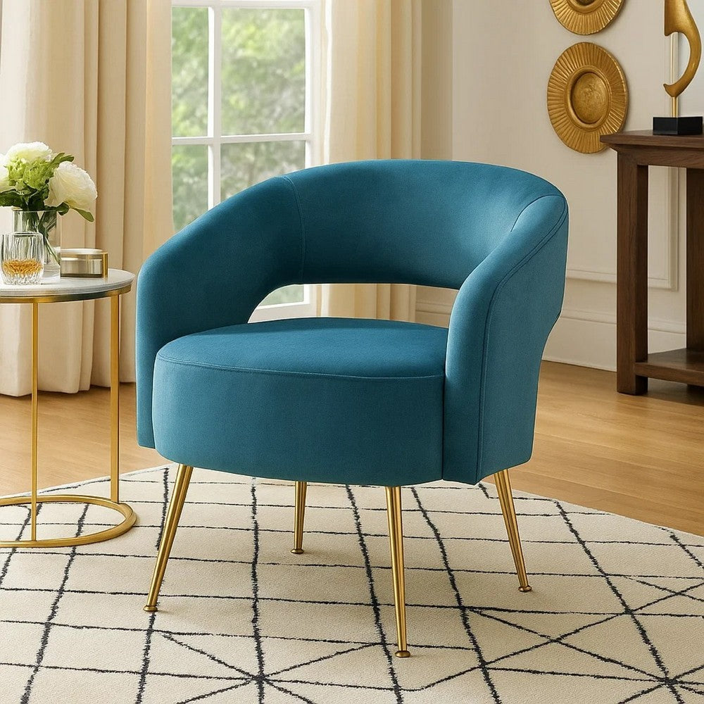 Benjara Noel Accent Chair, Curved Open Back, Teal Blue Velvet, Gold Metal Legs