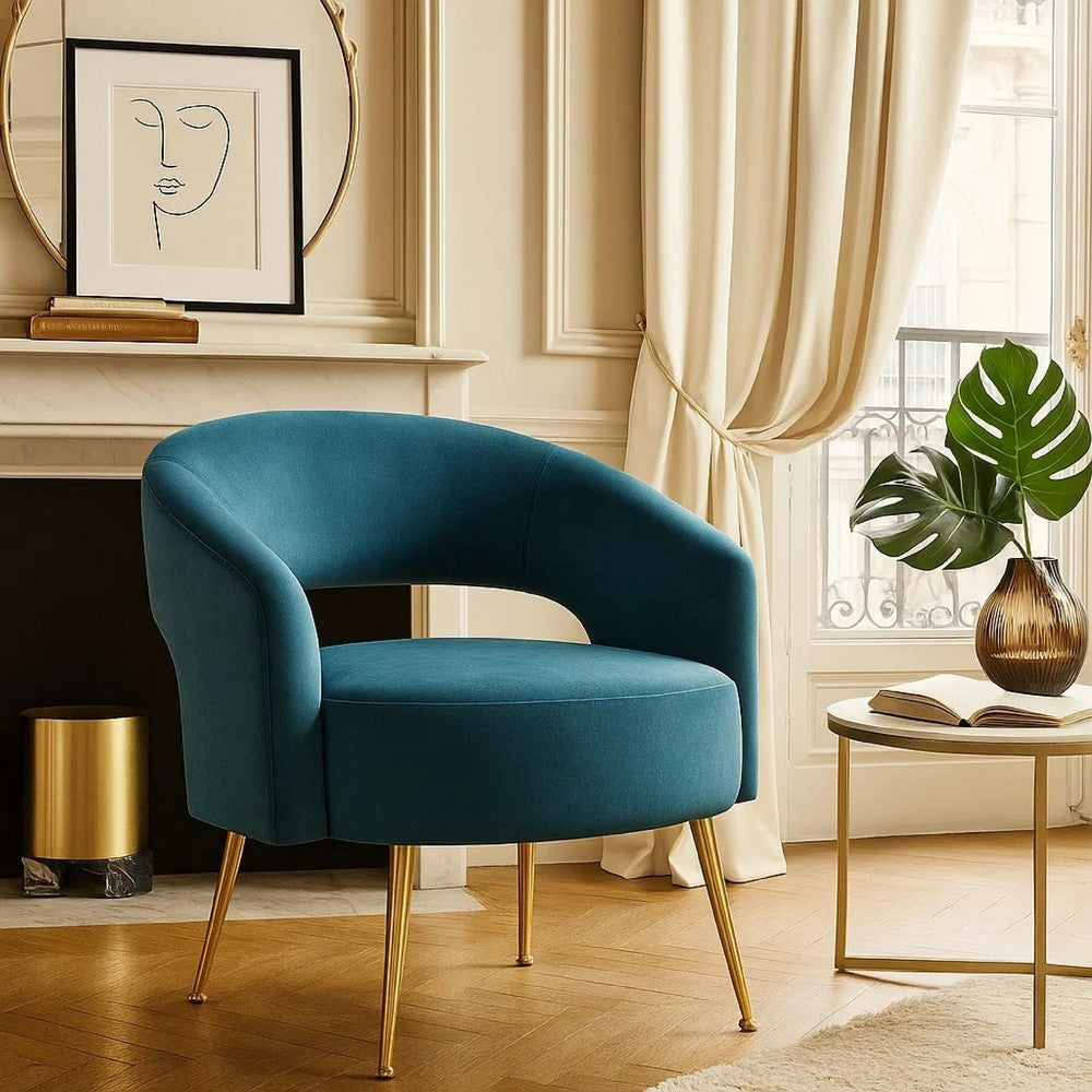 Benjara Noel Accent Chair, Curved Open Back, Teal Blue Velvet, Gold Metal Legs
