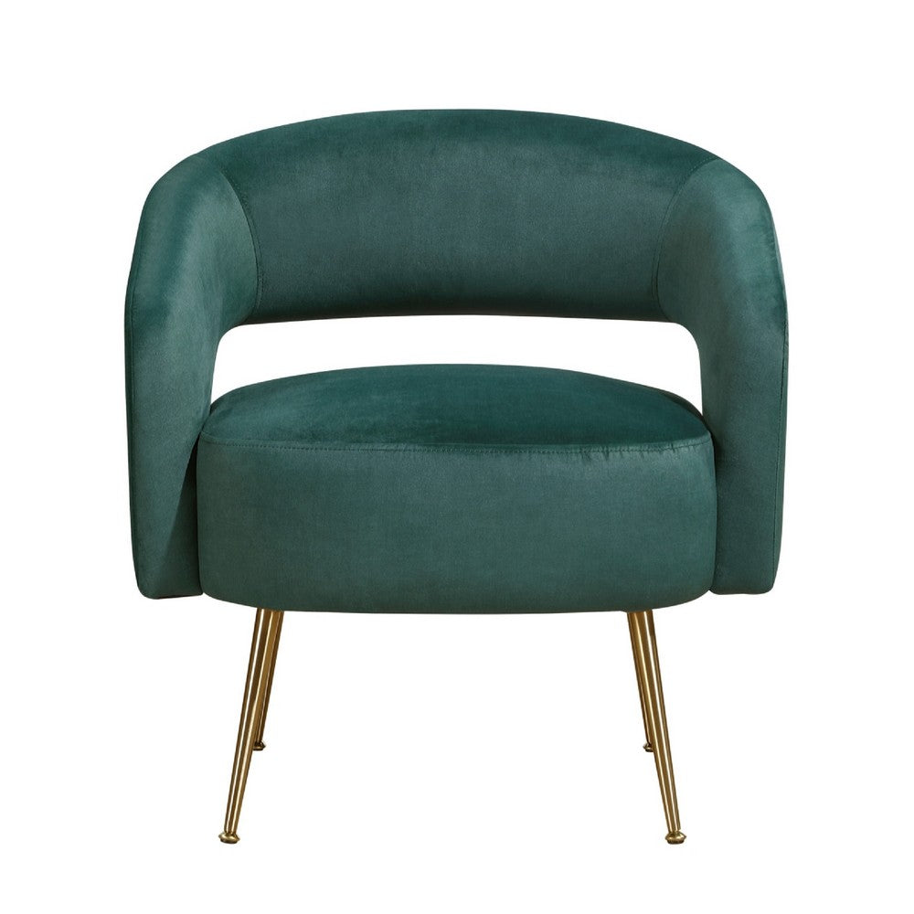 Benjara Noel Accent Chair, Curved Open Back, Dark Green Velvet, Gold Metal Legs