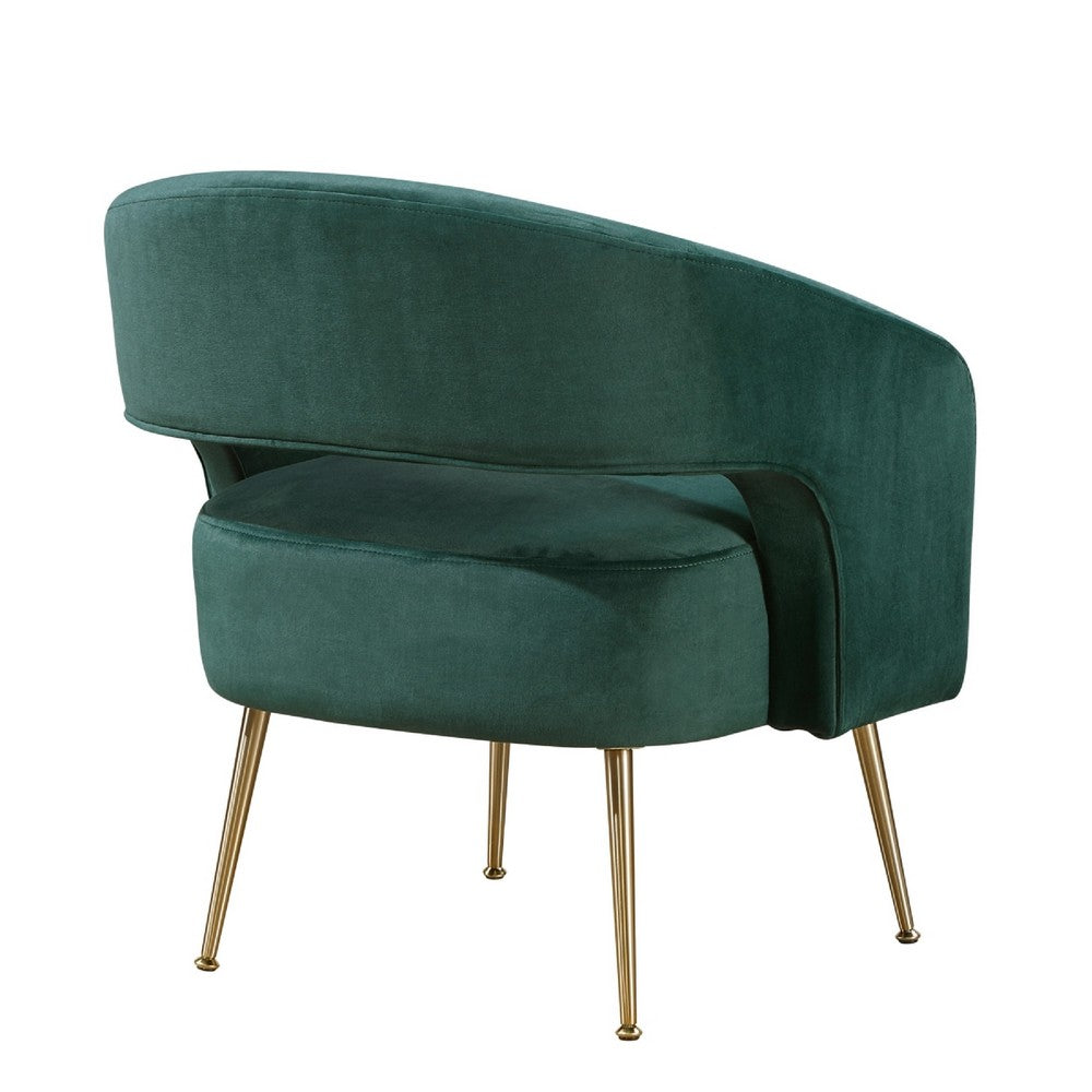 Benjara Noel Accent Chair, Curved Open Back, Dark Green Velvet, Gold Metal Legs