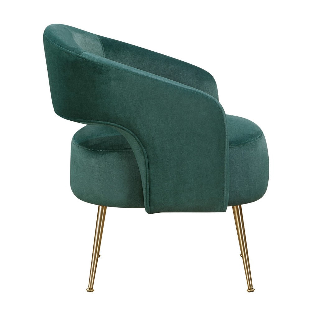 Benjara Noel Accent Chair, Curved Open Back, Dark Green Velvet, Gold Metal Legs