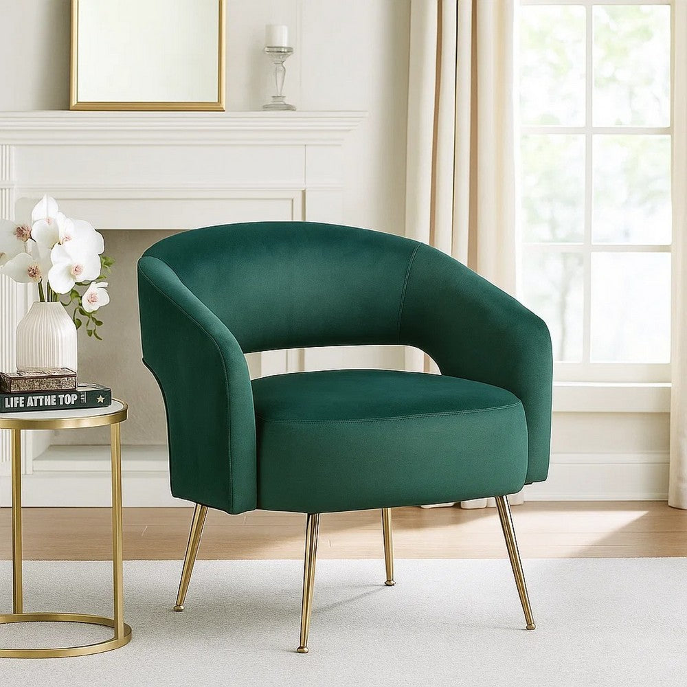 Benjara Noel Accent Chair, Curved Open Back, Dark Green Velvet, Gold Metal Legs