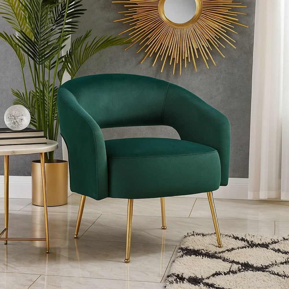 Benjara Noel Accent Chair, Curved Open Back, Dark Green Velvet, Gold Metal Legs