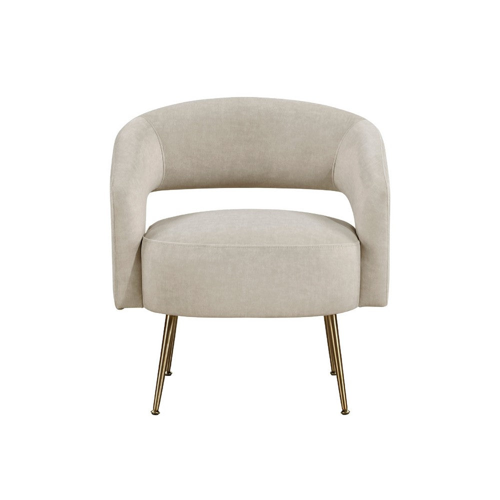 Benjara Noel Accent Chair, Curved Open Back, Taupe Brown Velvet, Gold Metal Legs