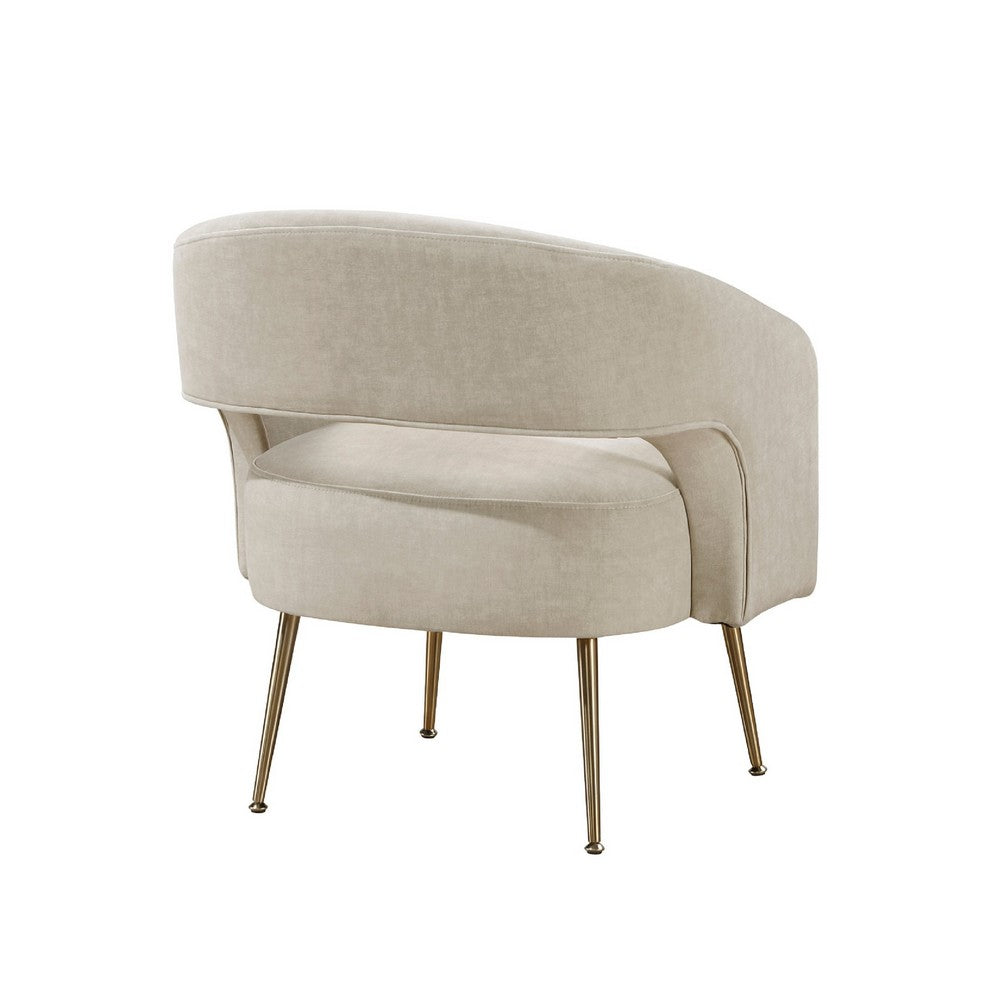 Benjara Noel Accent Chair, Curved Open Back, Taupe Brown Velvet, Gold Metal Legs