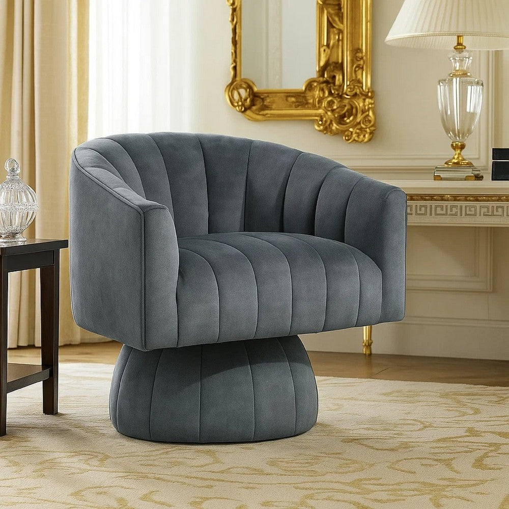Benjara Rex Swivel Accent Chair, Barrel Channel Stitched Velvet, Dark Gray