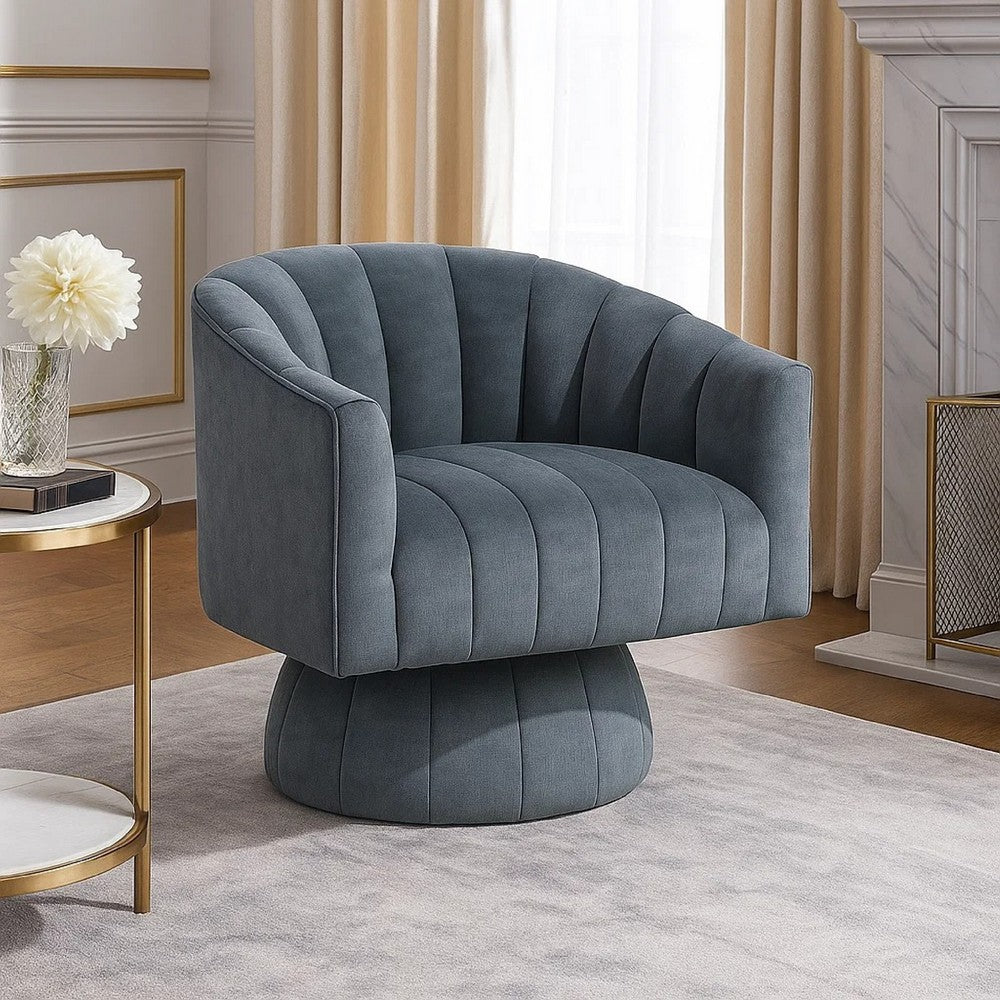 Benjara Rex Swivel Accent Chair, Barrel Channel Stitched Velvet, Dark Gray