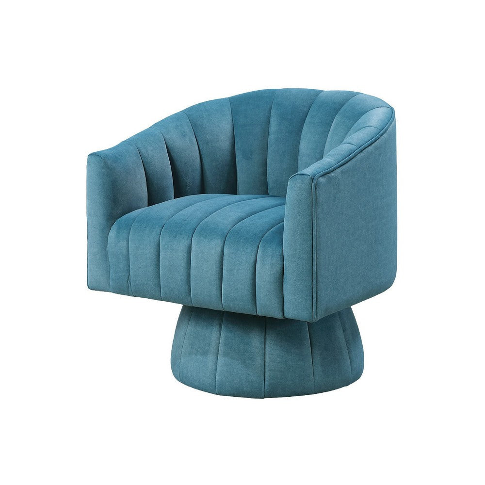 Benjara Rex Swivel Accent Chair, Barrel Channel Stitched Velvet, Teal Blue