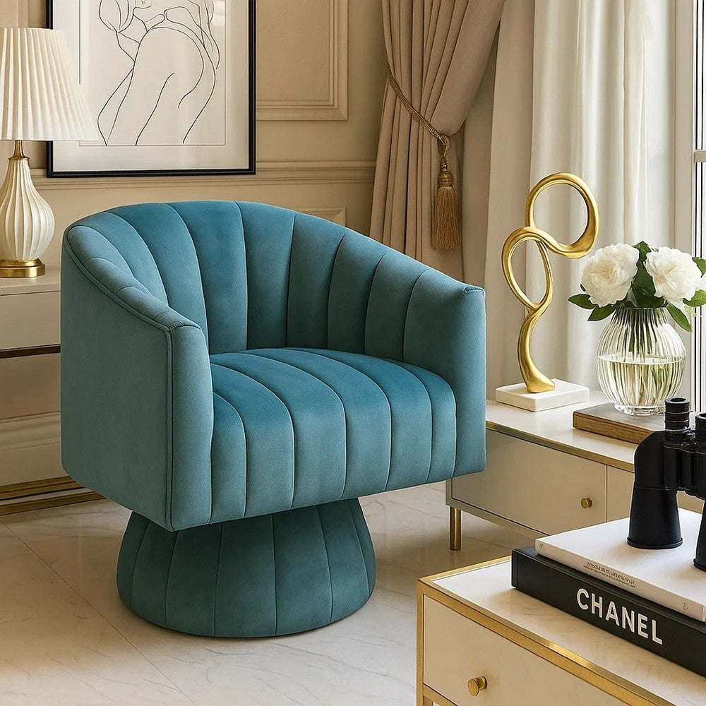 Benjara Rex Swivel Accent Chair, Barrel Channel Stitched Velvet, Teal Blue