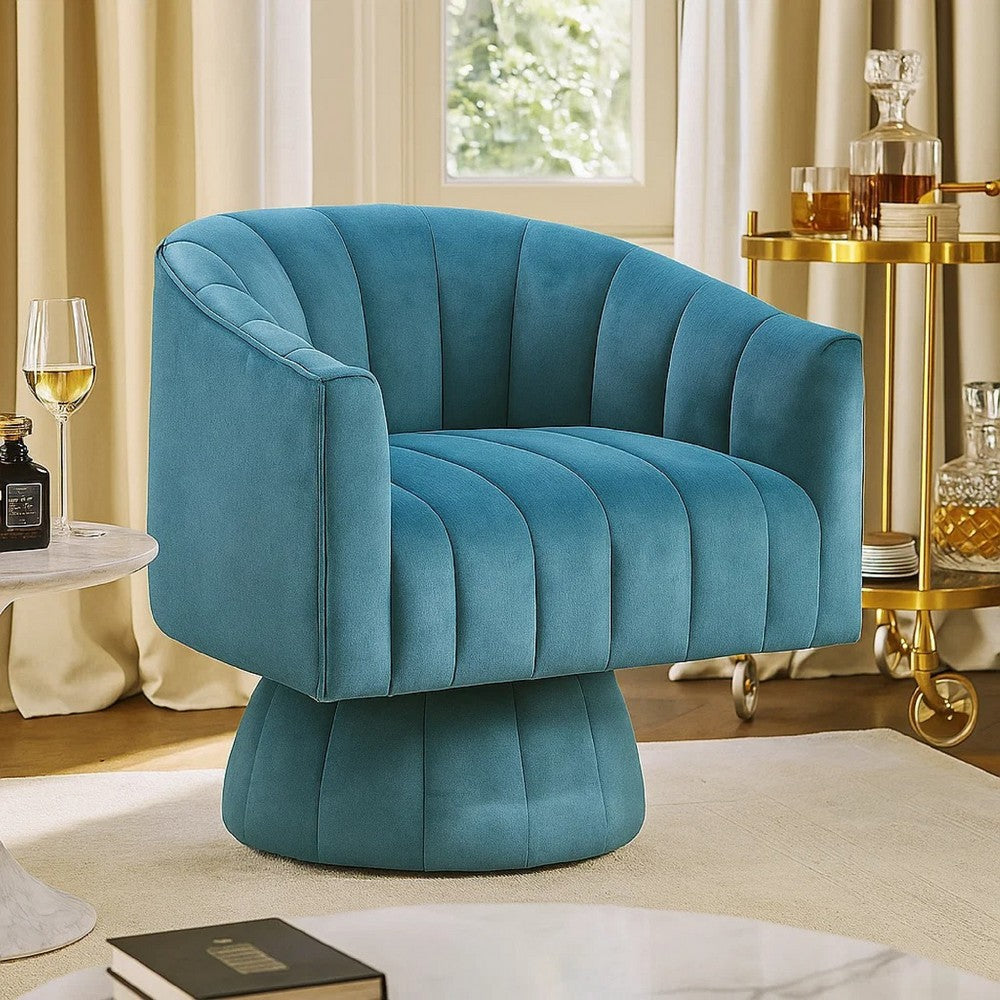 Benjara Rex Swivel Accent Chair, Barrel Channel Stitched Velvet, Teal Blue