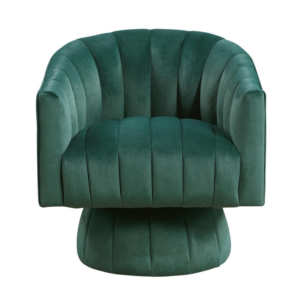 Benjara Rex Swivel Accent Chair, Barrel Channel Stitched Velvet, Green