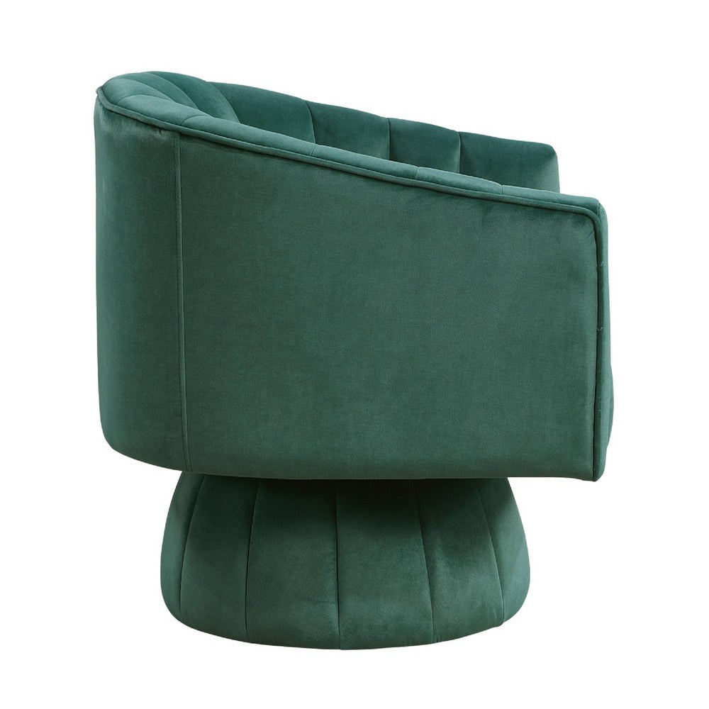 Benjara Rex Swivel Accent Chair, Barrel Channel Stitched Velvet, Green