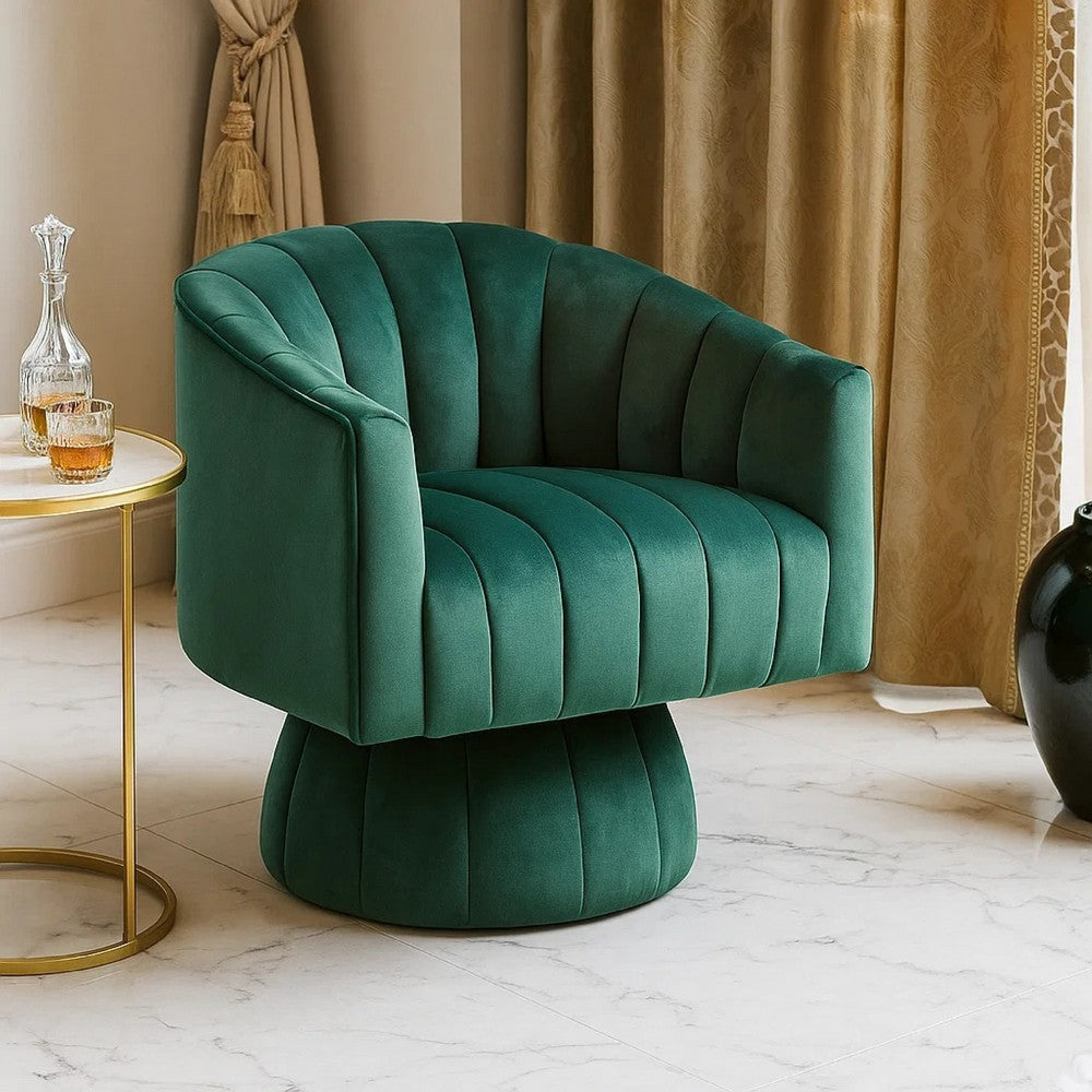 Benjara Rex Swivel Accent Chair, Barrel Channel Stitched Velvet, Green