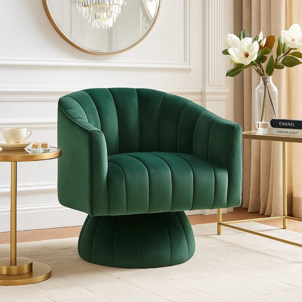 Benjara Rex Swivel Accent Chair, Barrel Channel Stitched Velvet, Green