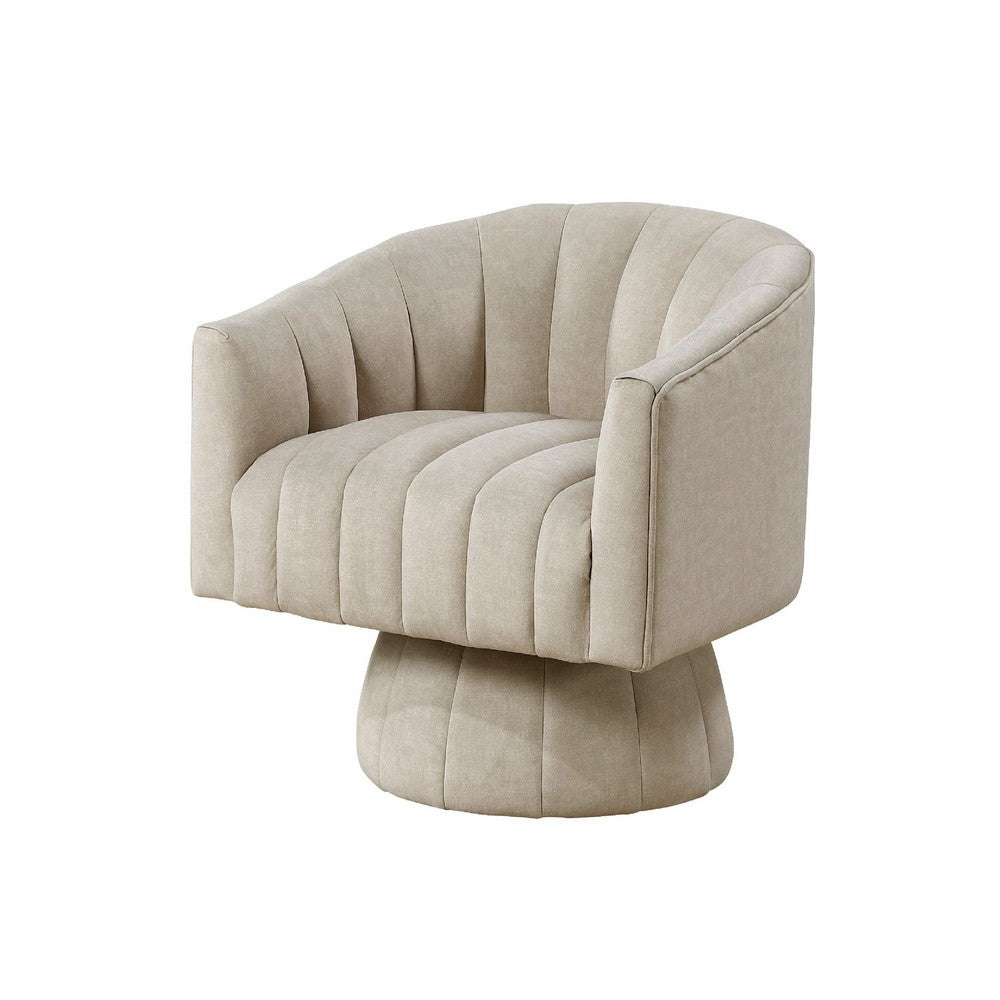 Benjara Rex Swivel Accent Chair, Barrel Channel Stitched Velvet, Taupe Brown