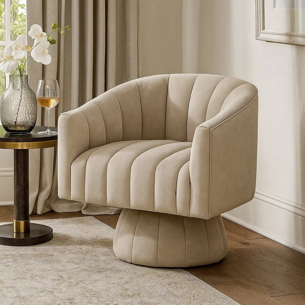 Benjara Rex Swivel Accent Chair, Barrel Channel Stitched Velvet, Taupe Brown