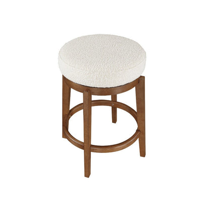 Benjara Lex Swivel Counter Stool, 27 Inch Backless, White Boucle, Brown Legs