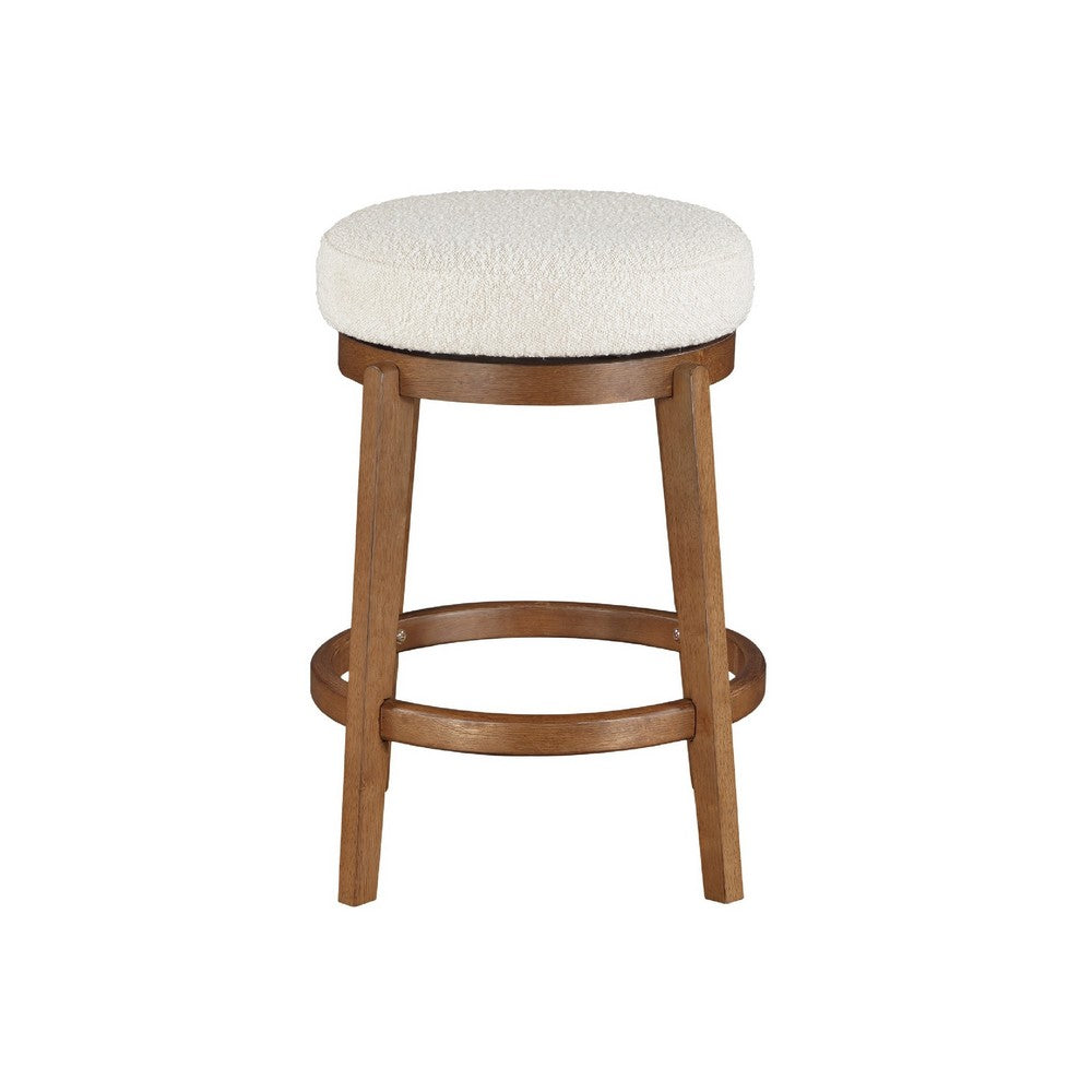 Benjara Lex Swivel Counter Stool, 27 Inch Backless, White Boucle, Brown Legs