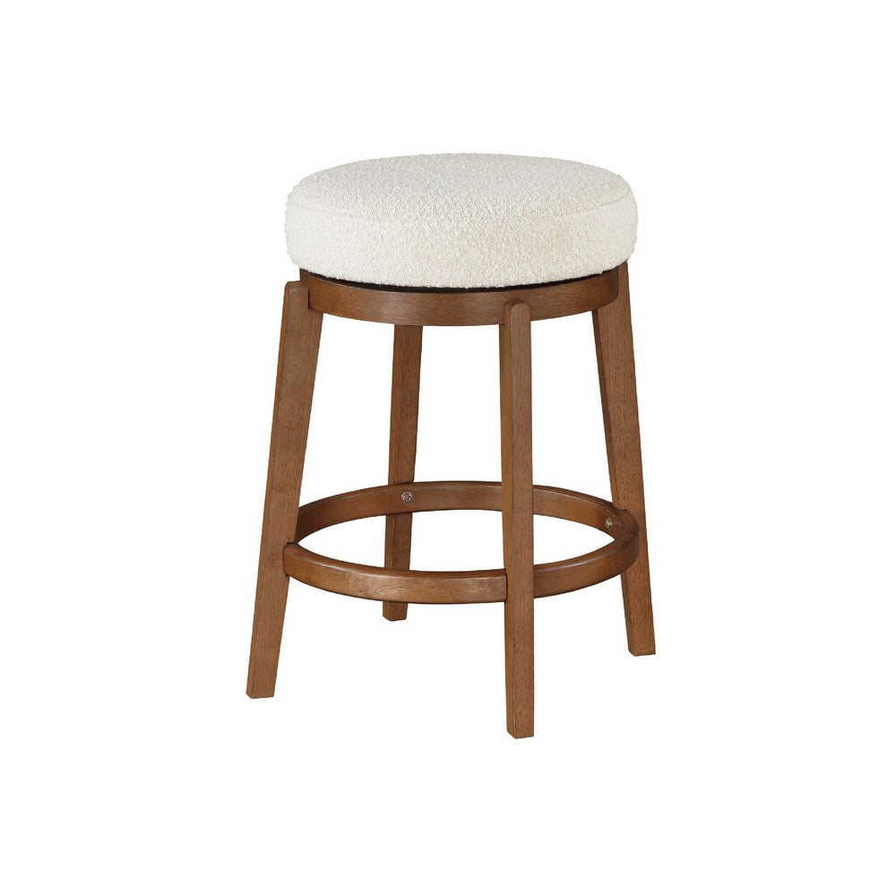 Benjara Lex Swivel Counter Stool, 27 Inch Backless, White Boucle, Brown Legs