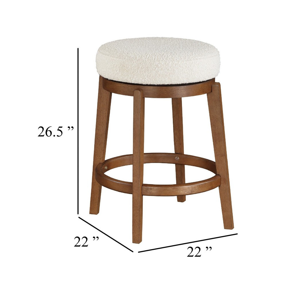 Benjara Lex Swivel Counter Stool, 27 Inch Backless, White Boucle, Brown Legs