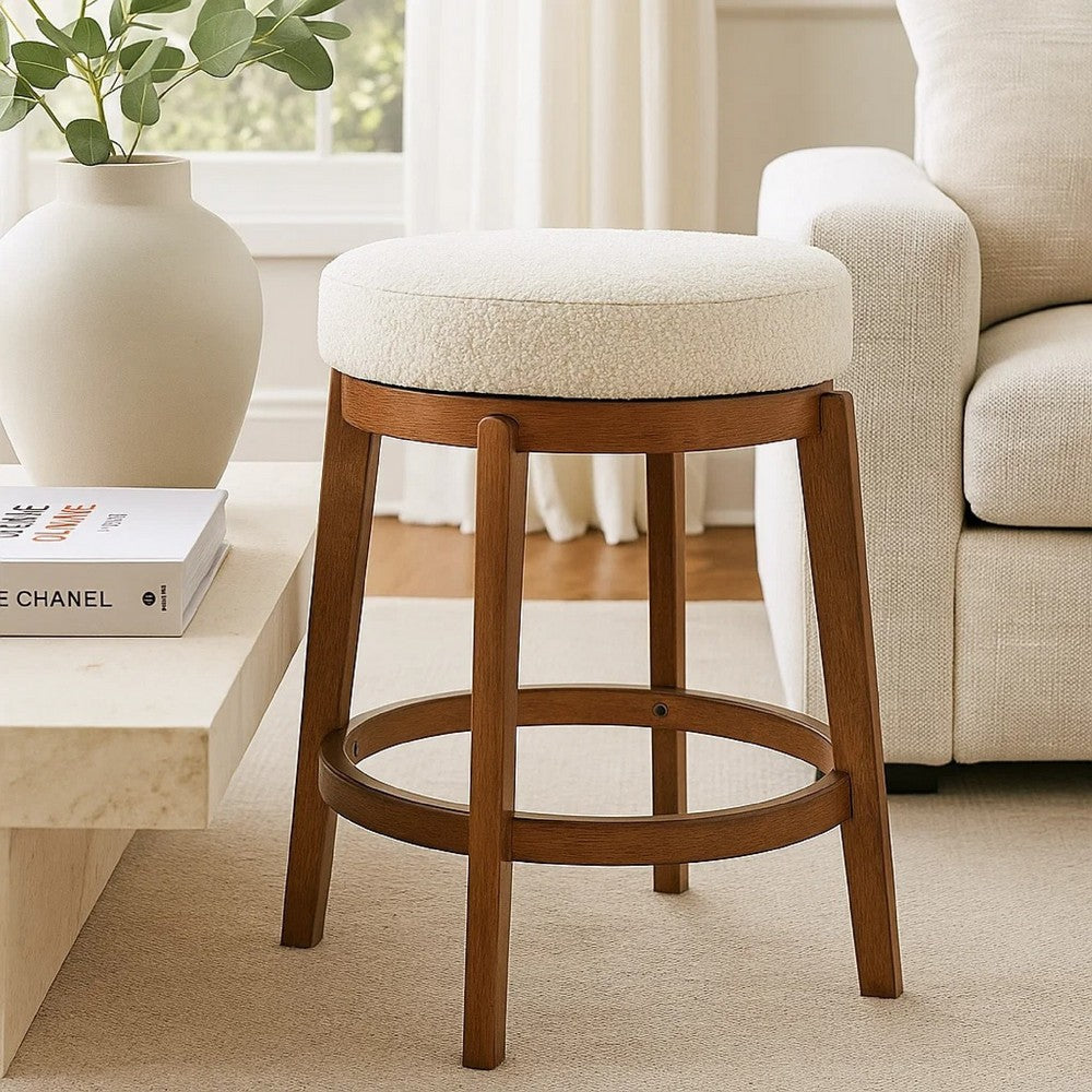 Benjara Lex Swivel Counter Stool, 27 Inch Backless, White Boucle, Brown Legs