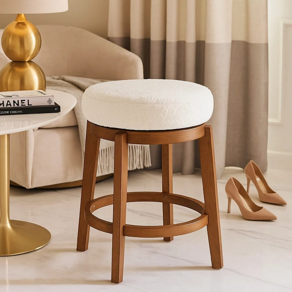Benjara Lex Swivel Counter Stool, 27 Inch Backless, White Boucle, Brown Legs