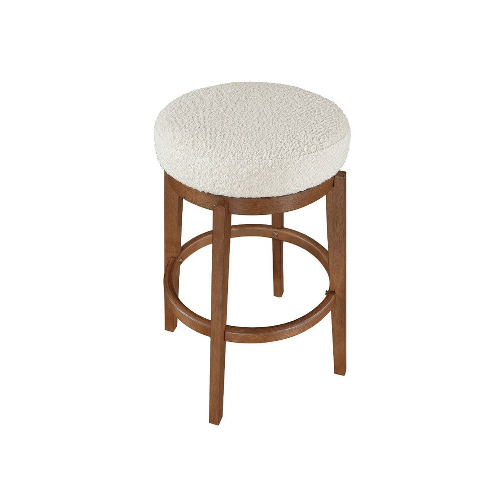 Benjara Lex Swivel Bar Stool, 31 Inch Backless, White Boucle Seat, Brown Legs