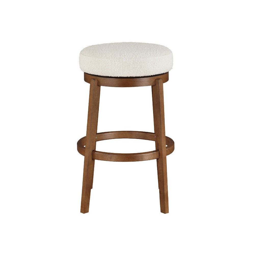Benjara Lex Swivel Bar Stool, 31 Inch Backless, White Boucle Seat, Brown Legs