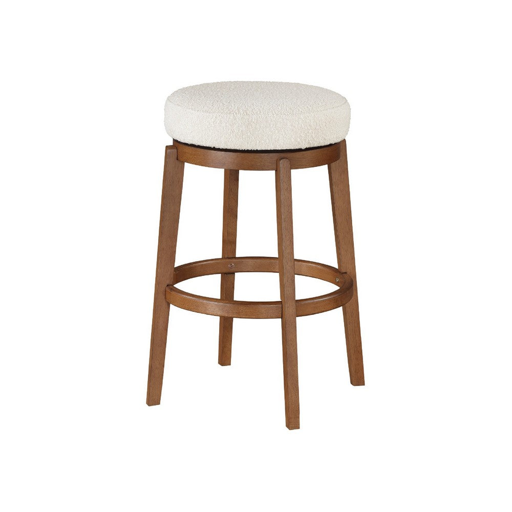 Benjara Lex Swivel Bar Stool, 31 Inch Backless, White Boucle Seat, Brown Legs