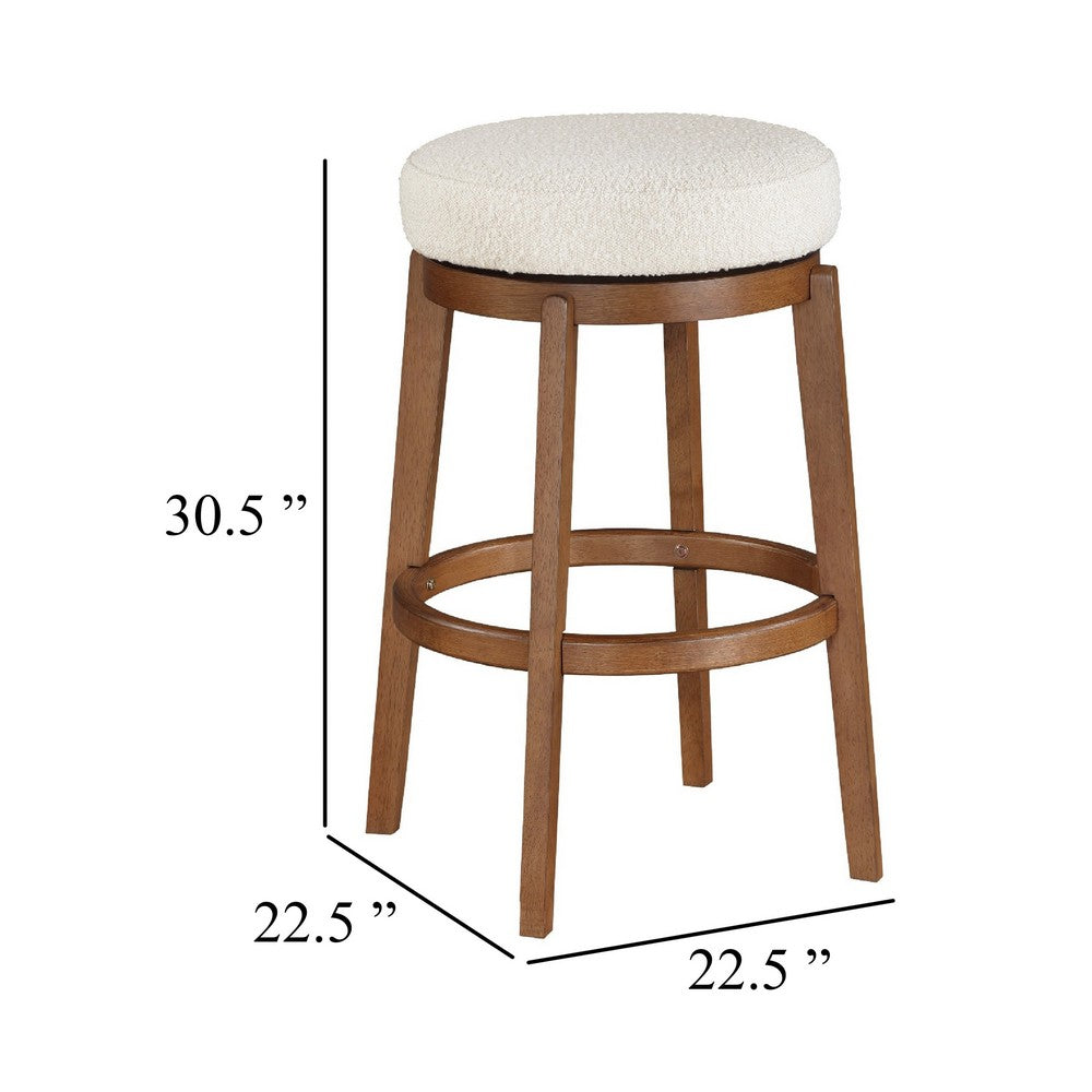 Benjara Lex Swivel Bar Stool, 31 Inch Backless, White Boucle Seat, Brown Legs