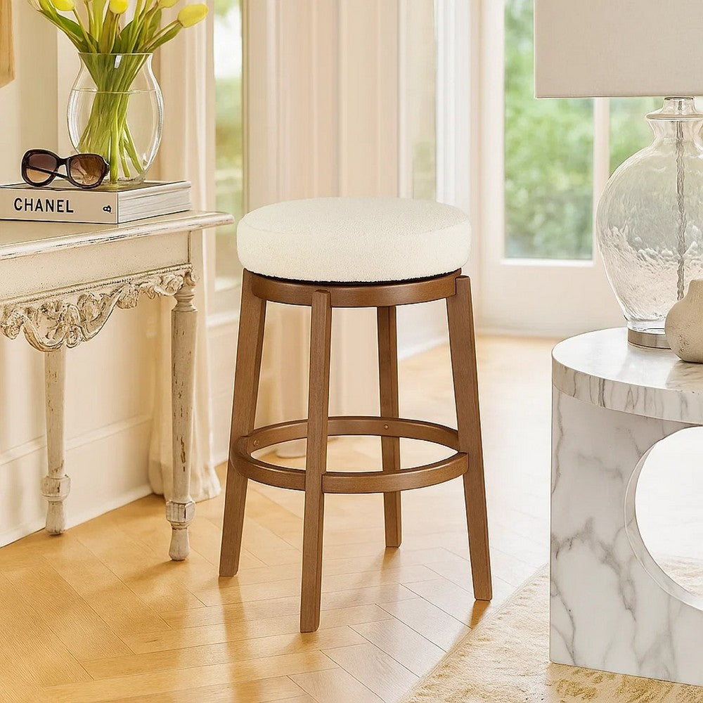 Benjara Lex Swivel Bar Stool, 31 Inch Backless, White Boucle Seat, Brown Legs