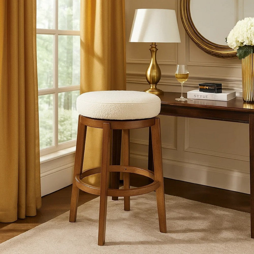 Benjara Lex Swivel Bar Stool, 31 Inch Backless, White Boucle Seat, Brown Legs