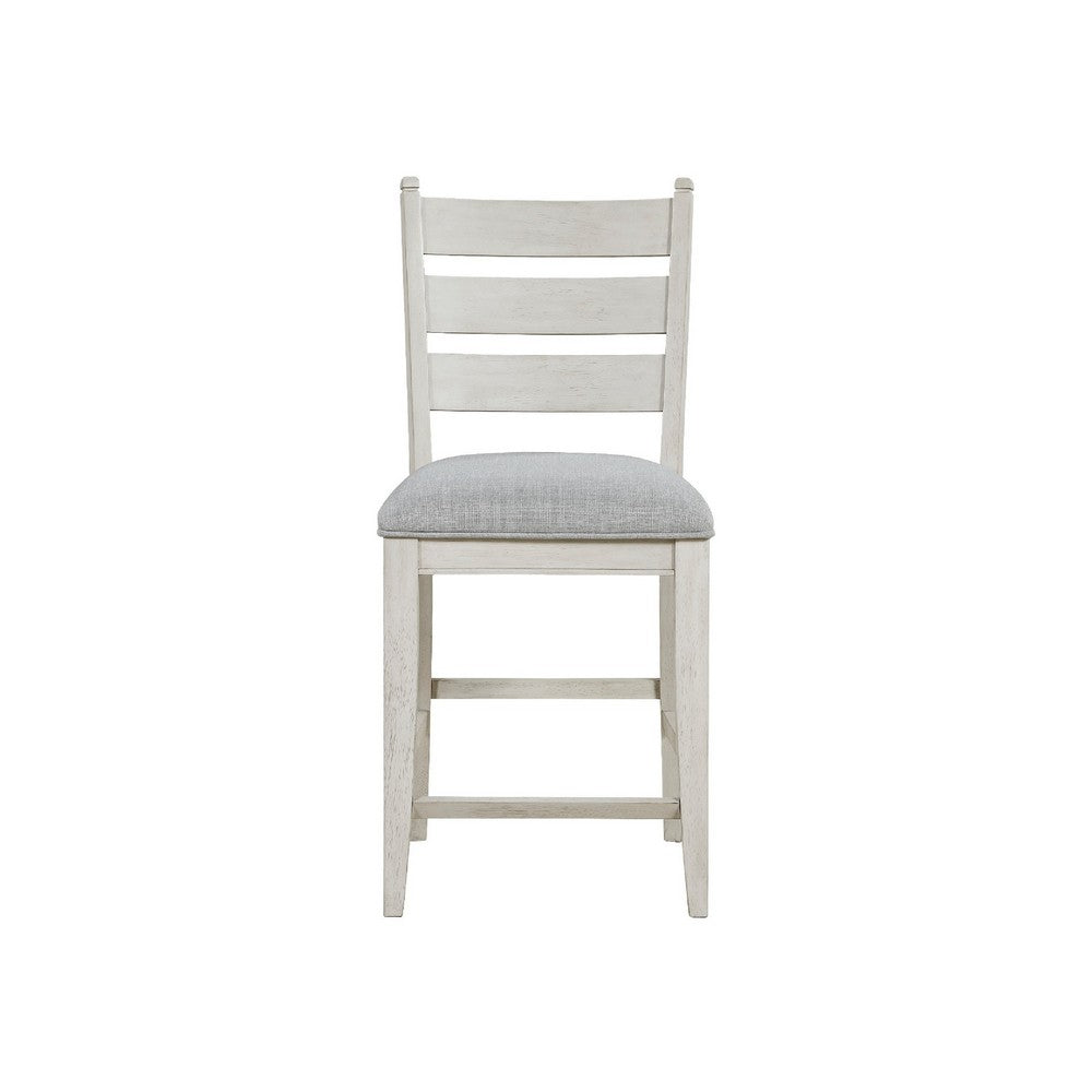 Benjara Wen Counter Height Chair Set of 2, Gray Fabric Seat, Weathered White