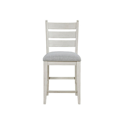 Benjara Wen Counter Height Chair Set of 2, Gray Fabric Seat, Weathered White