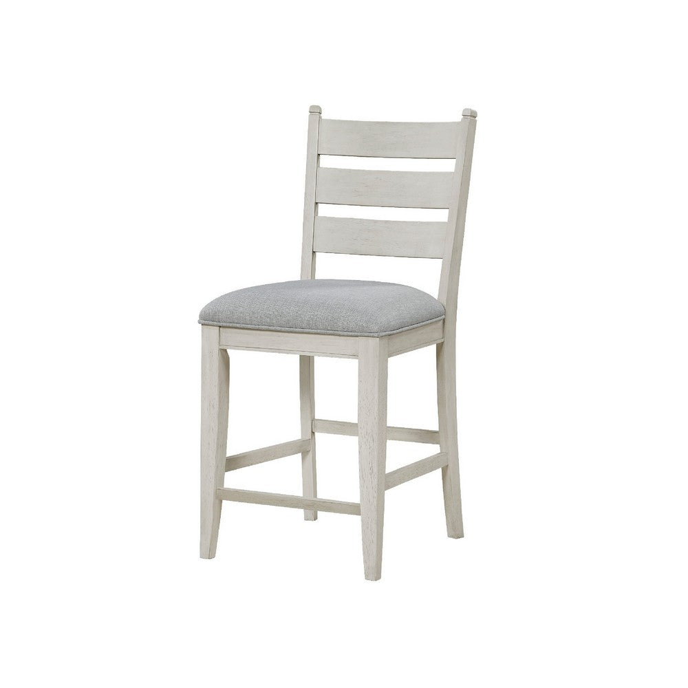 Benjara Wen Counter Height Chair Set of 2, Gray Fabric Seat, Weathered White