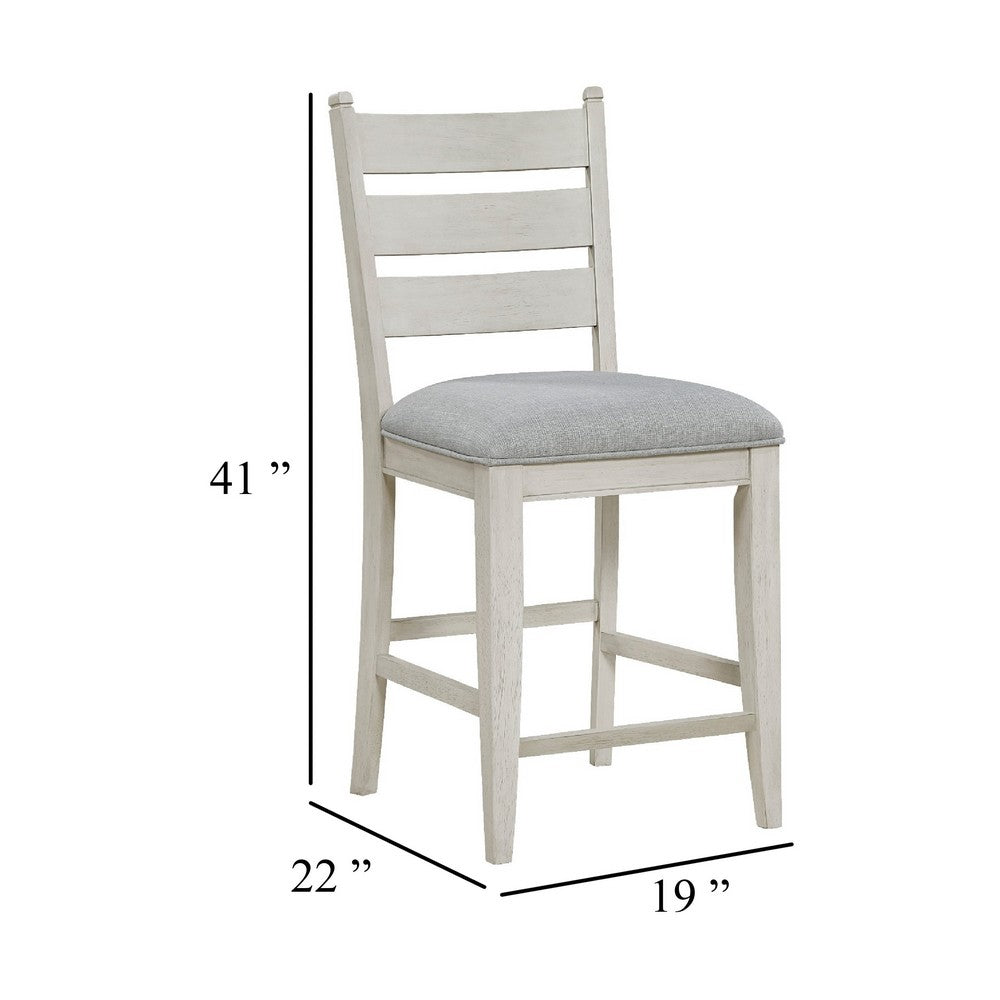 Benjara Wen Counter Height Chair Set of 2, Gray Fabric Seat, Weathered White