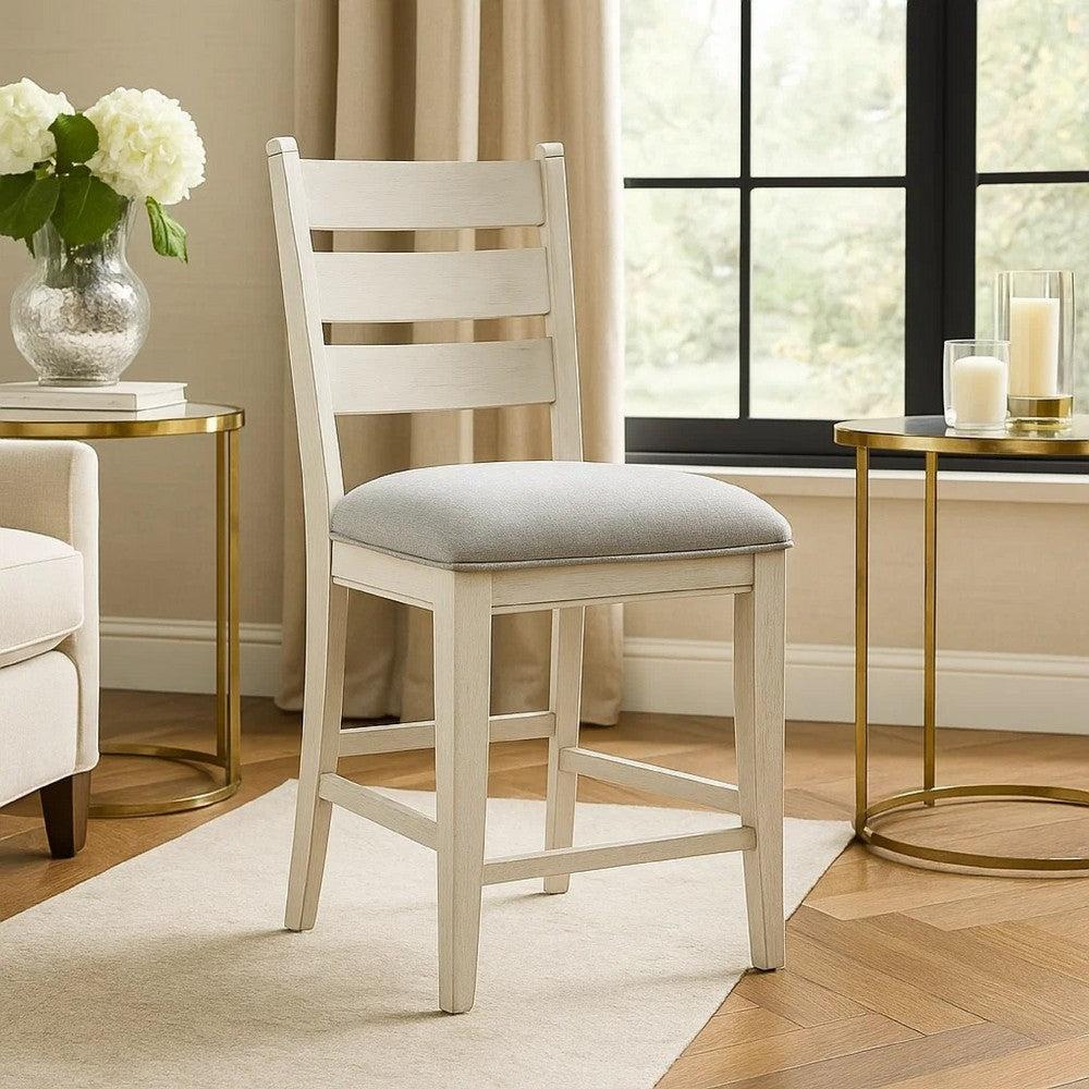 Benjara Wen Counter Height Chair Set of 2, Gray Fabric Seat, Weathered White